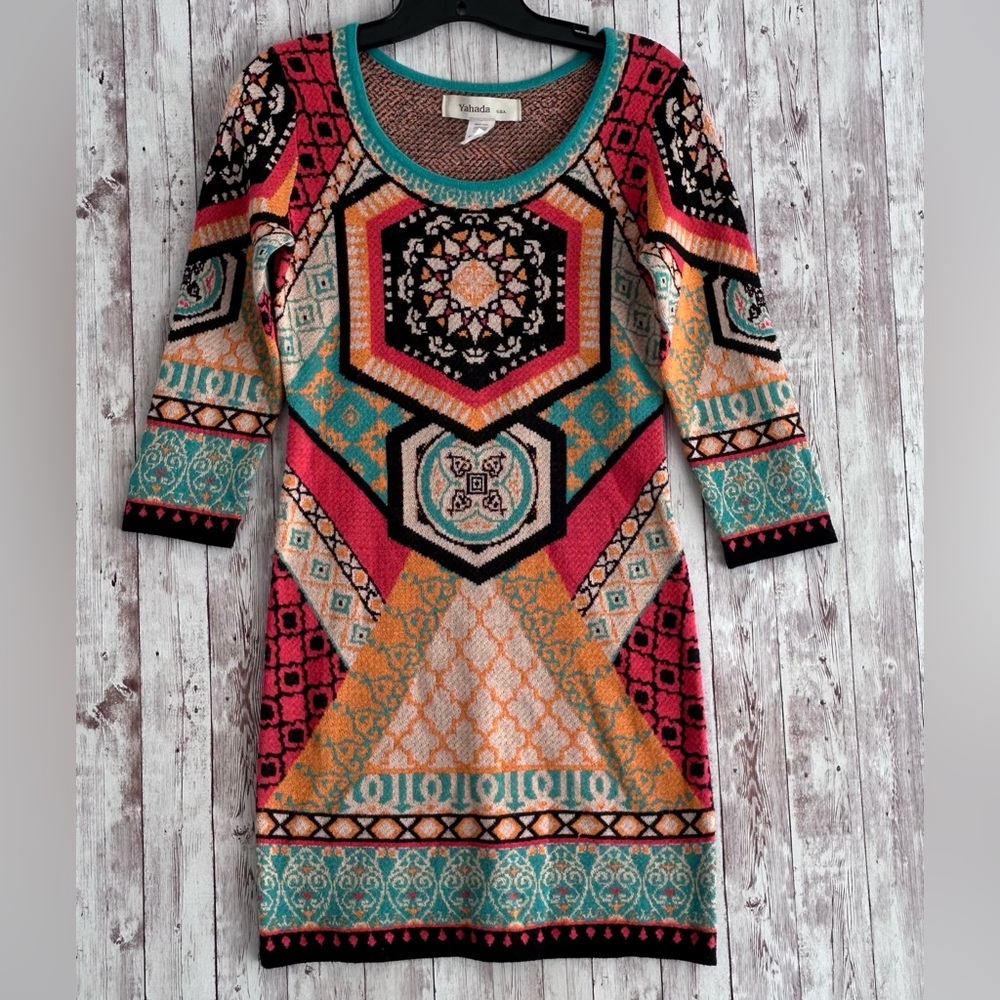 Yahada Bohemian Sweater Dress Colorful Geometric Aztec Patterned Dress Size SM